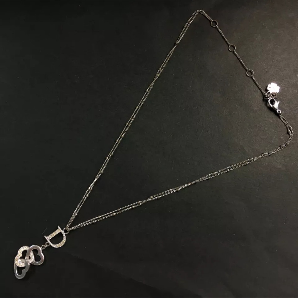 AUTH Christian Dior CD Logo Rhinestone Silver Pendant Necklace